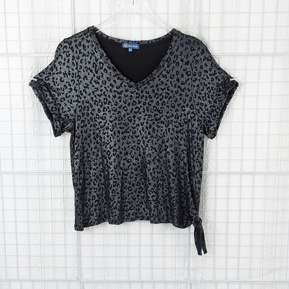 Democracy Black Metallic Leopard Print Cuffed Short Sleeve Top